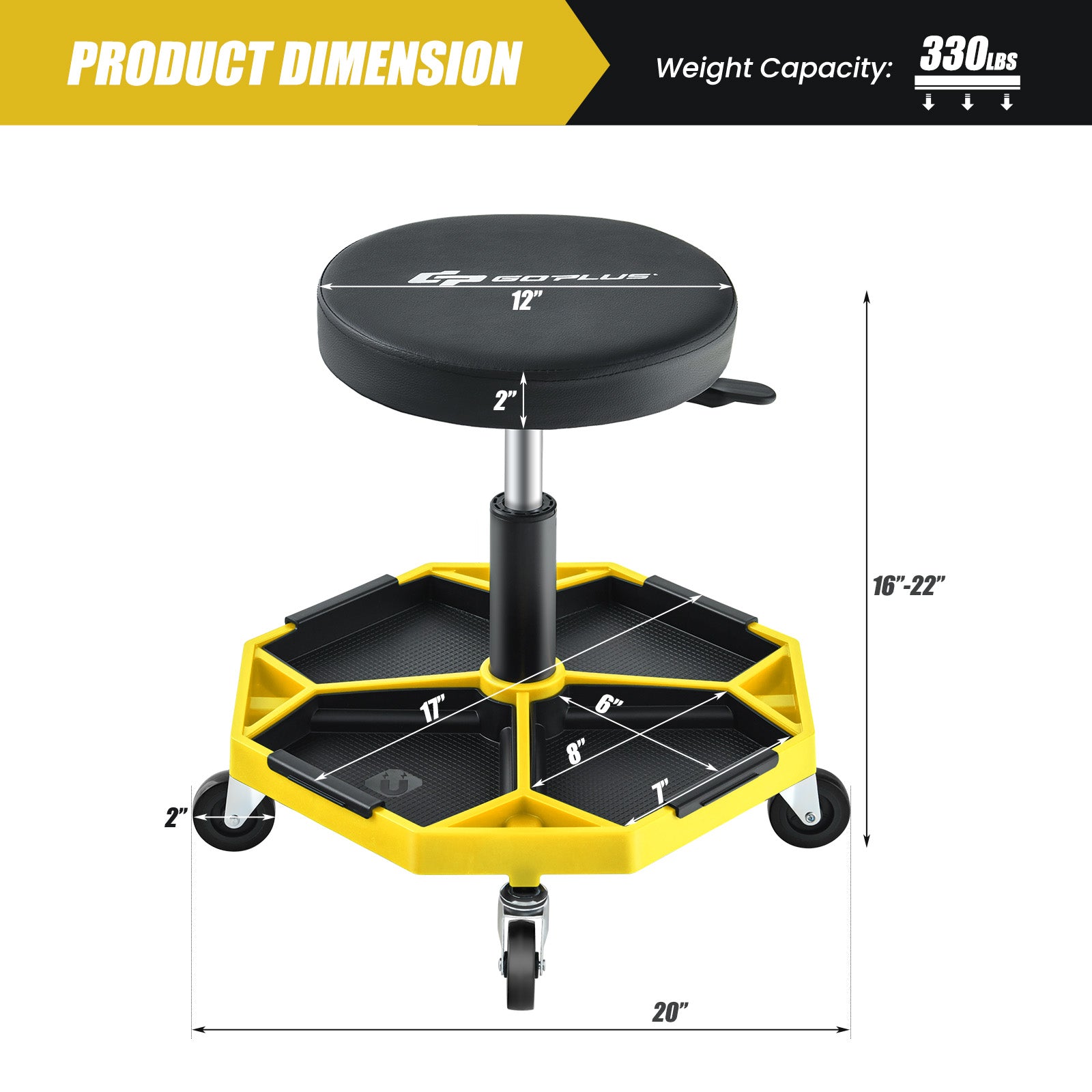330 LBS Capacity Pneumatic Rolling Mechanic Stool with Padded Seat, Yellow Garages at Gallery Canada