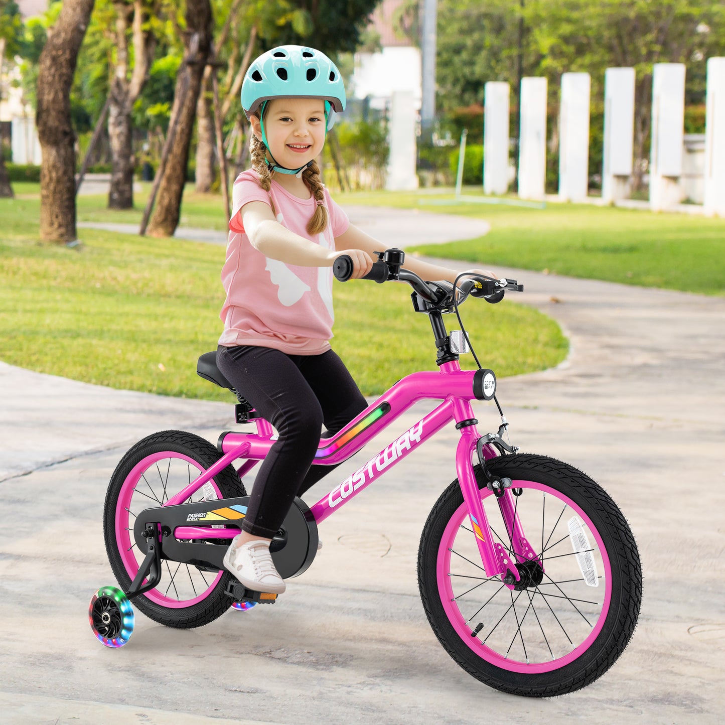 16 Inch LED Lighted Kids Bike with Training Wheels and Headlight for Ages 4-7 Years-16 inches, Pink Kids Bike at Gallery Canada