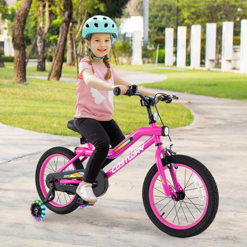 16 Inch LED Lighted Kids Bike with Training Wheels and Headlight for Ages 4-7 Years-16 inches, Pink