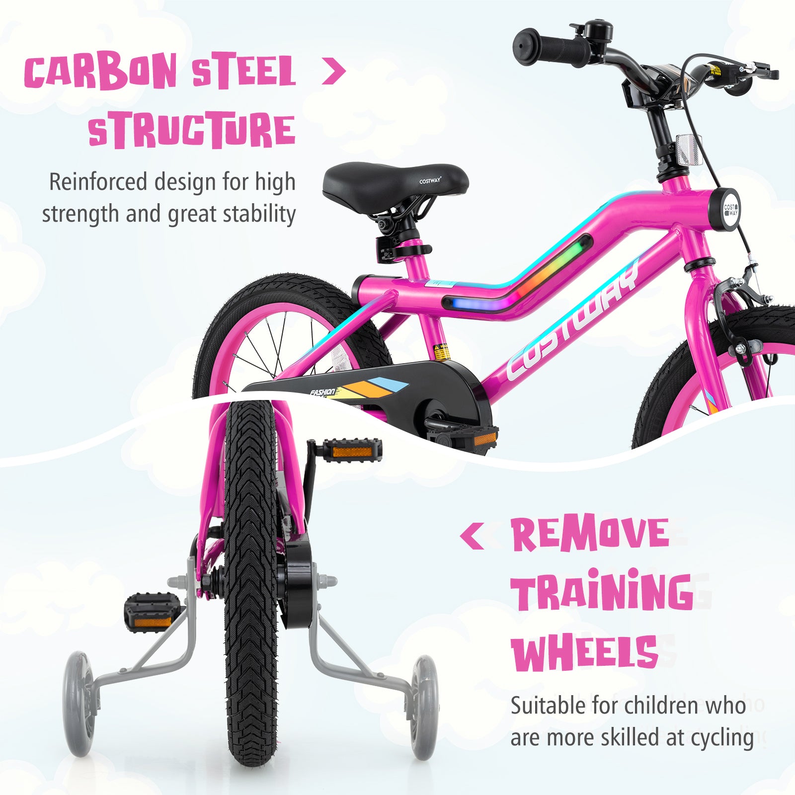 16 Inch LED Lighted Kids Bike with Training Wheels and Headlight for Ages 4-7 Years-16 inches, Pink Kids Bike at Gallery Canada