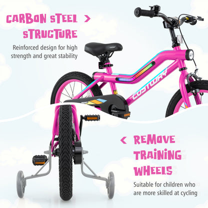 16 Inch LED Lighted Kids Bike with Training Wheels and Headlight for Ages 4-7 Years-16 inches, Pink Kids Bike at Gallery Canada