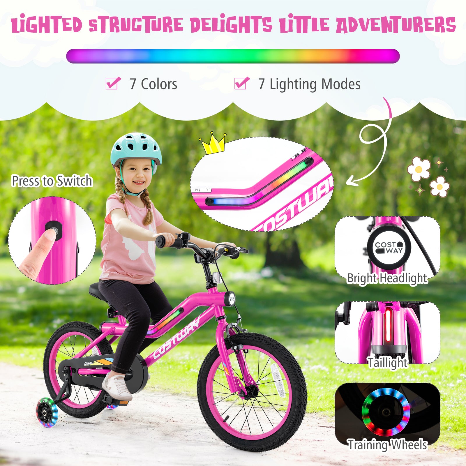 16 Inch LED Lighted Kids Bike with Training Wheels and Headlight for Ages 4-7 Years-16 inches, Pink Kids Bike at Gallery Canada