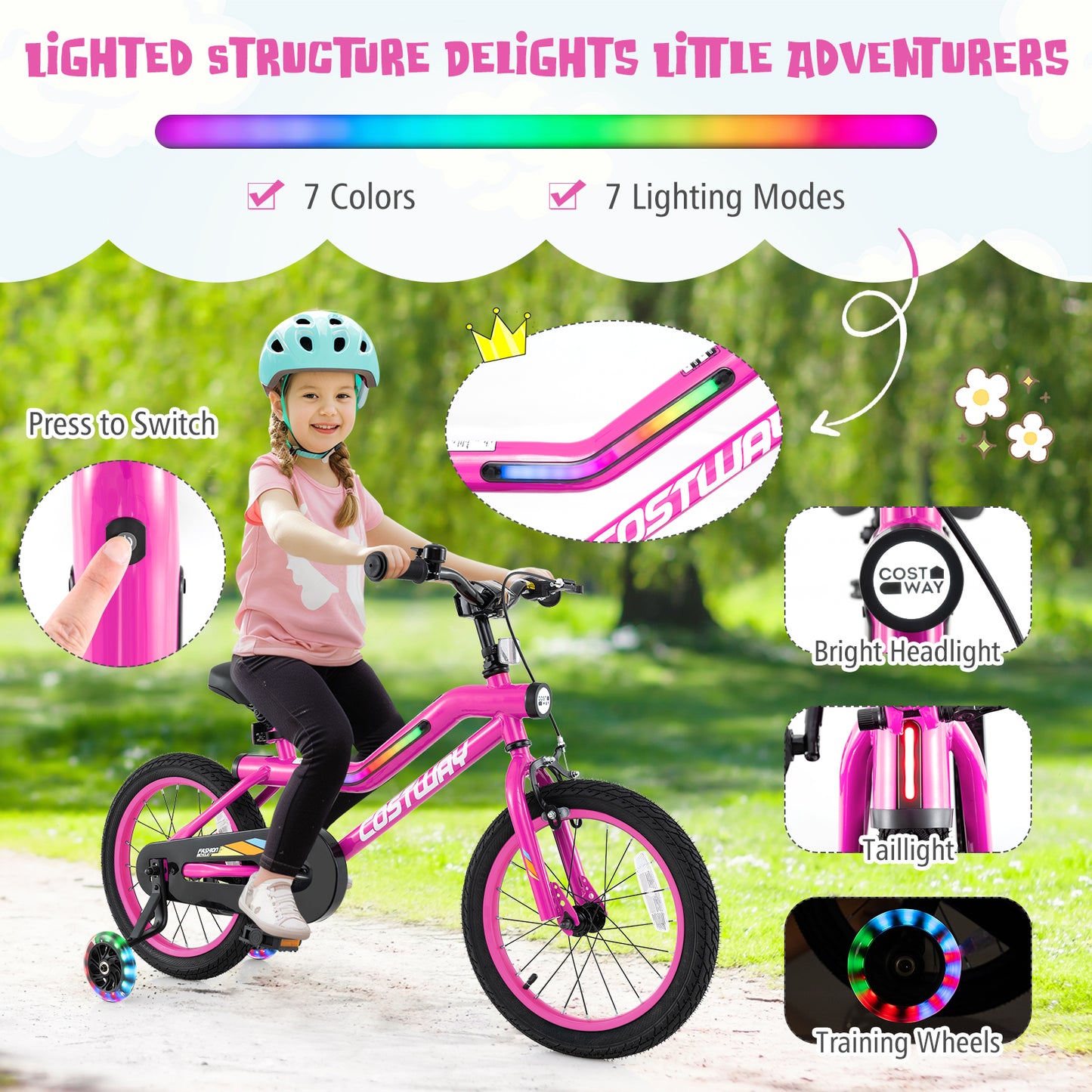 16 Inch LED Lighted Kids Bike with Training Wheels and Headlight for Ages 4-7 Years-16 inches, Pink Kids Bike at Gallery Canada