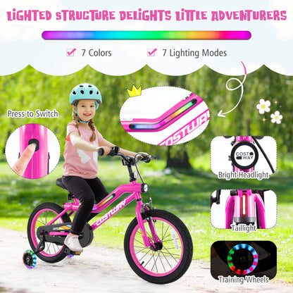 16 Inch LED Lighted Kids Bike with Training Wheels and Headlight for Ages 4-7 Years-16 inches, Pink Kids Bike at Gallery Canada