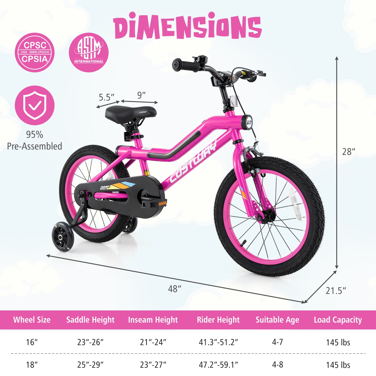 16 Inch LED Lighted Kids Bike with Training Wheels and Headlight for Ages 4-7 Years-16 inches, Pink Kids Bike at Gallery Canada