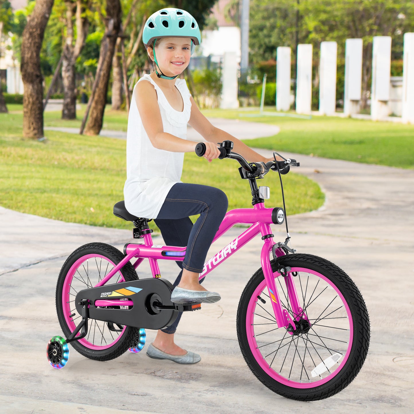 18 Inch LED Lighted Kids Bike with Training Wheels and Headlight for Ages 4-8 Years-18 inches, Pink Kids Bike at Gallery Canada