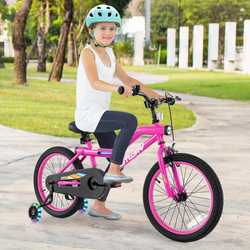 18 Inch LED Lighted Kids Bike with Training Wheels and Headlight for Ages 4-8 Years-18 inches, Pink