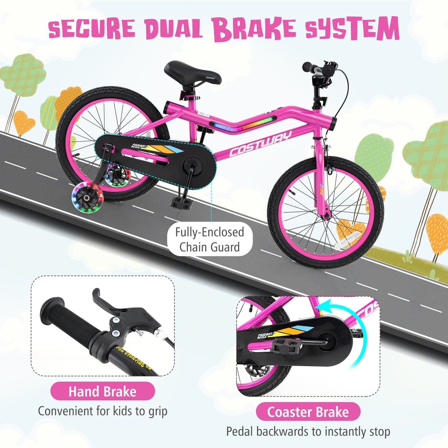 18 Inch LED Lighted Kids Bike with Training Wheels and Headlight for Ages 4-8 Years-18 inches, Pink Kids Bike at Gallery Canada