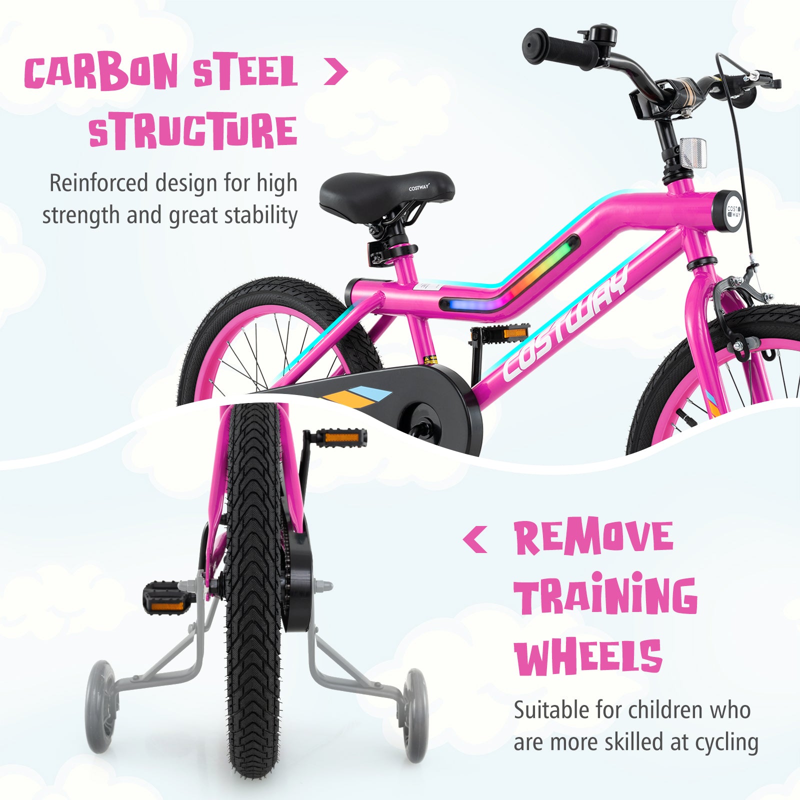 18 Inch LED Lighted Kids Bike with Training Wheels and Headlight for Ages 4-8 Years-18 inches, Pink Kids Bike at Gallery Canada