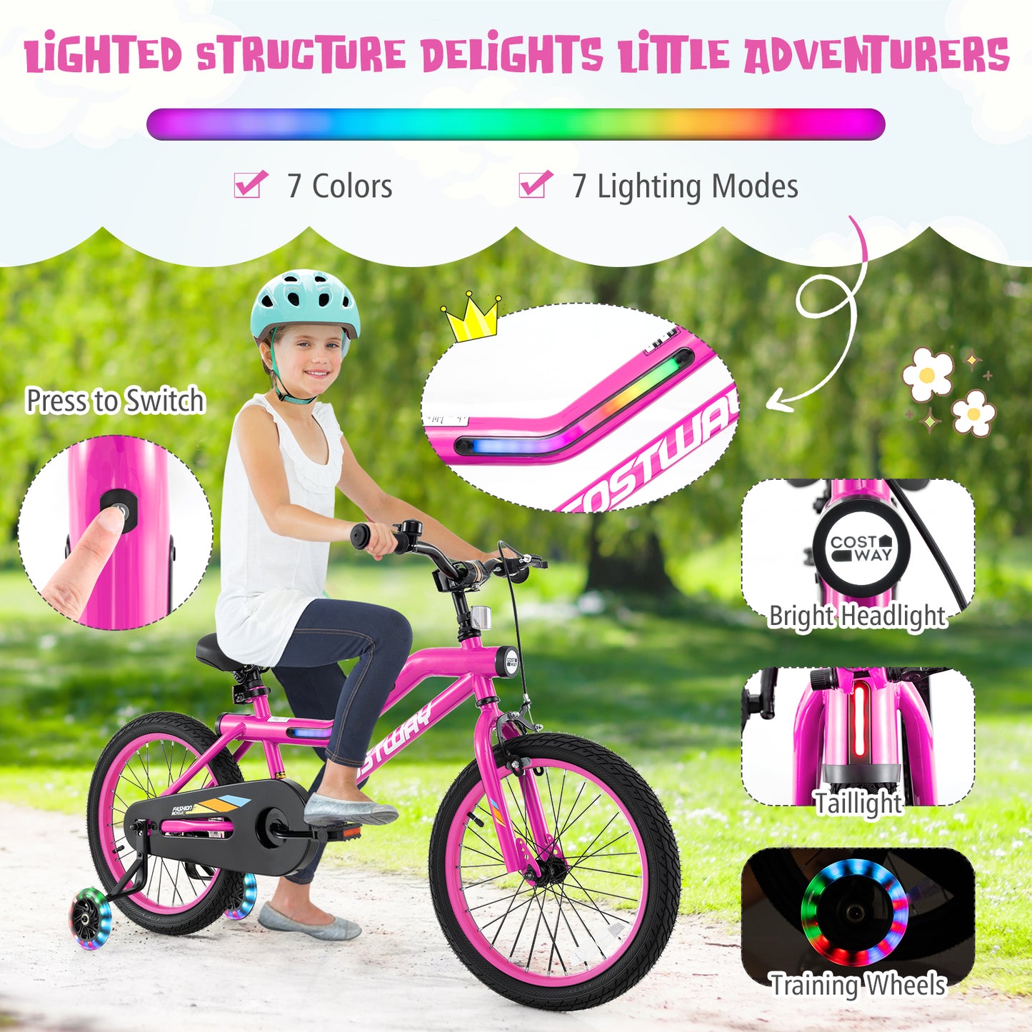18 Inch LED Lighted Kids Bike with Training Wheels and Headlight for Ages 4-8 Years-18 inches, Pink Kids Bike at Gallery Canada