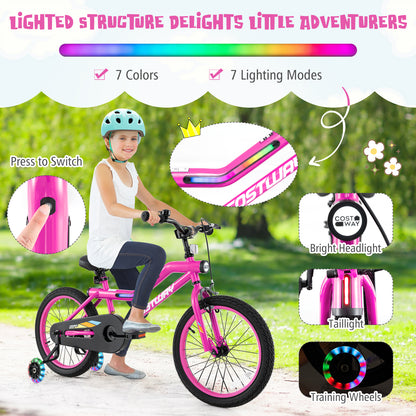 18 Inch LED Lighted Kids Bike with Training Wheels and Headlight for Ages 4-8 Years-18 inches, Pink Kids Bike at Gallery Canada