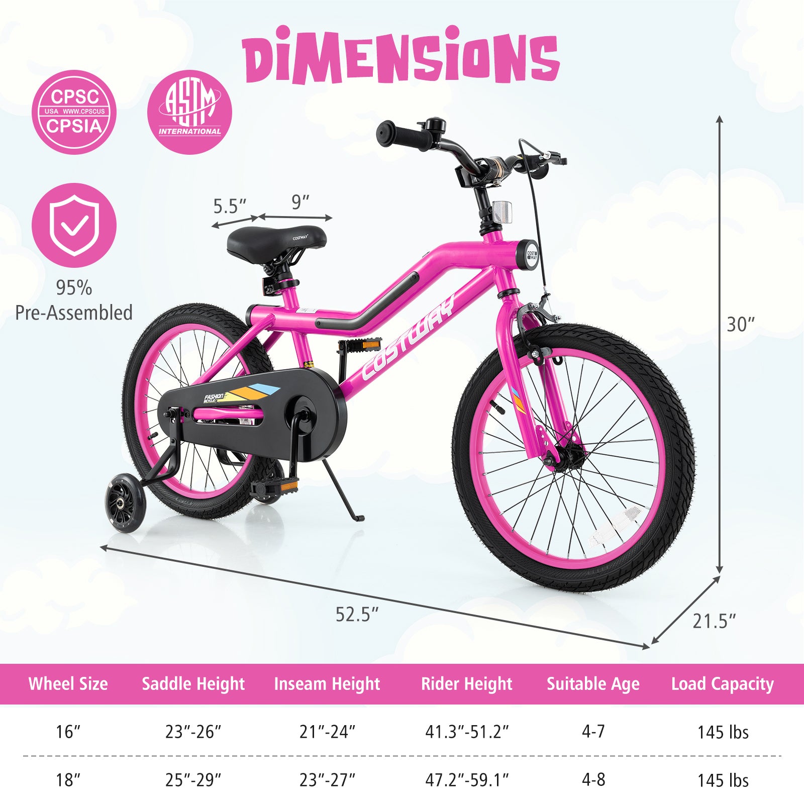 18 Inch LED Lighted Kids Bike with Training Wheels and Headlight for Ages 4-8 Years-18 inches, Pink Kids Bike at Gallery Canada