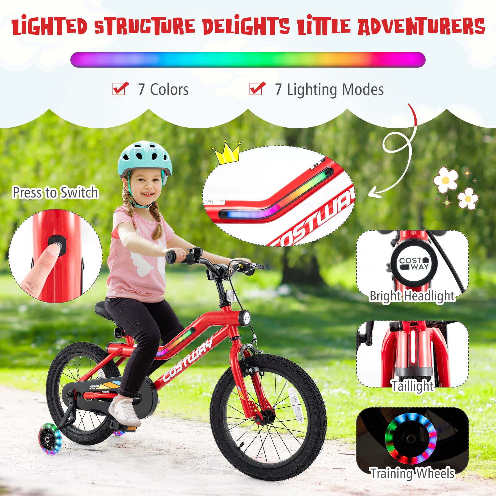 16 Inch Kids Bike with LED Lights Adjustable Carbon Steel Bicycle for 4-7 Years Old-16 inches, Red Kids Bike at Gallery Canada