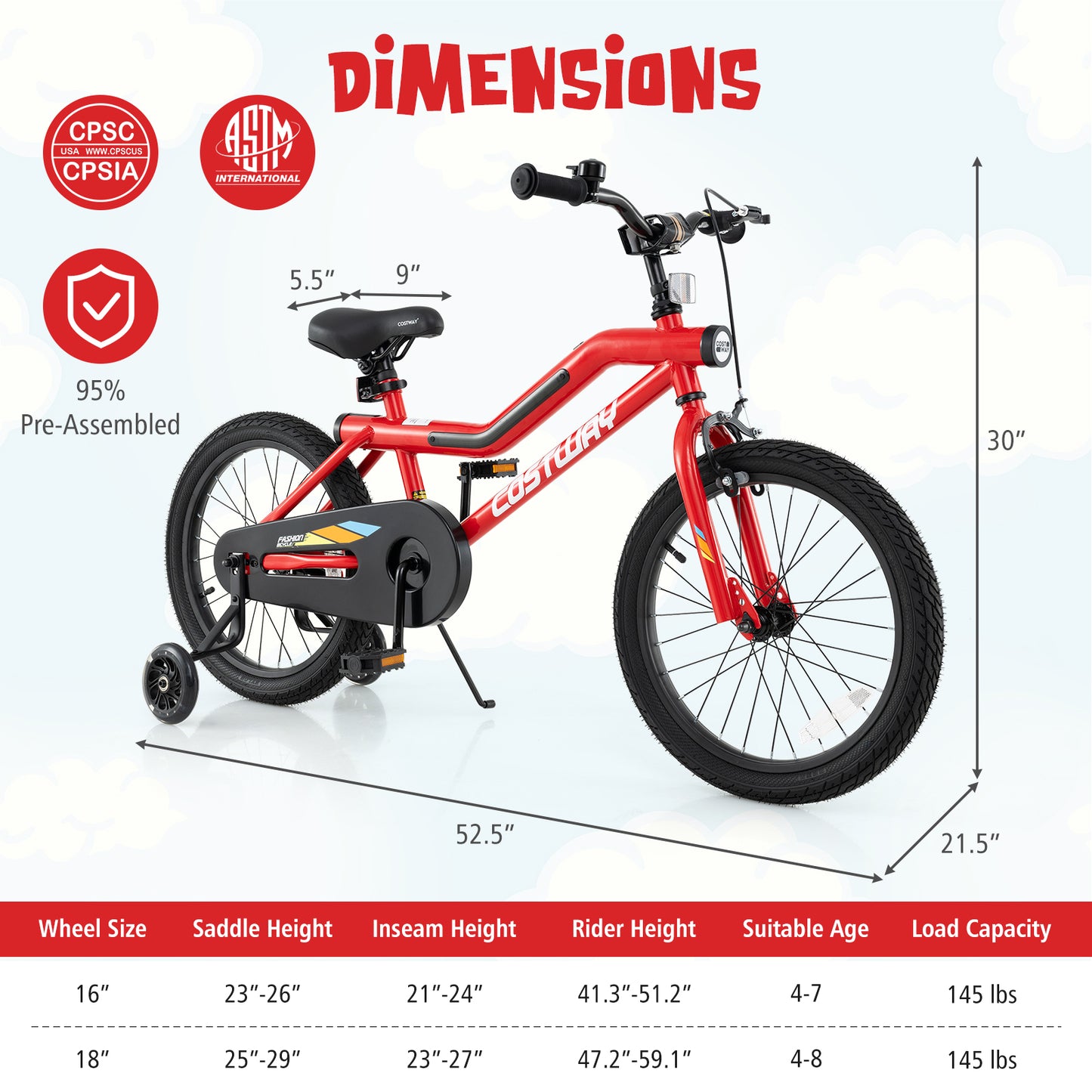 18 Inch Kids Bike with LED Lights Adjustable Carbon Steel Bicycle for 4-8 Years Old-18 inches, Red Kids Bike at Gallery Canada