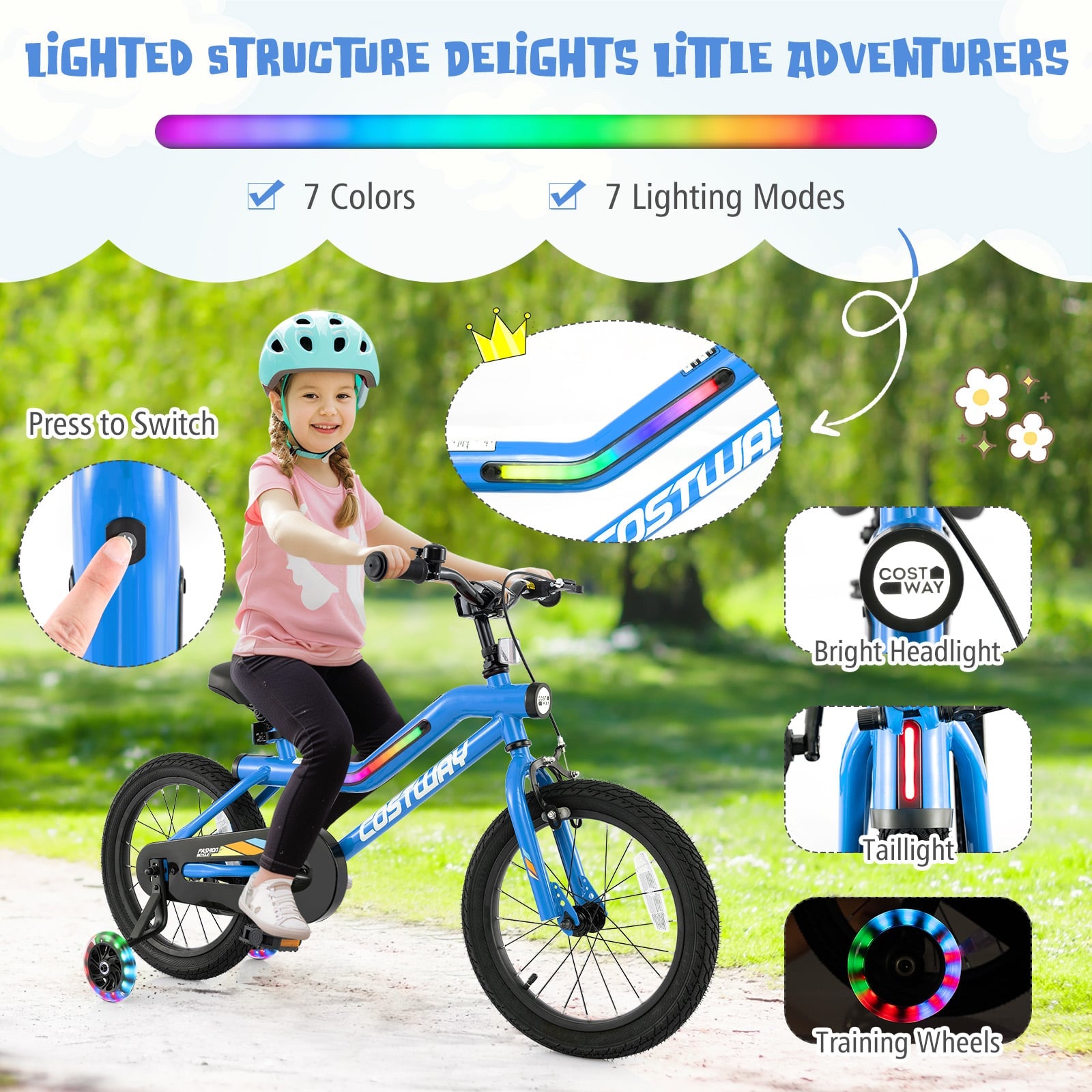 16 Inch Kids Bike, LED Lighted Adjustable, Training Wheels, Navy Kids Bike at Gallery Canada