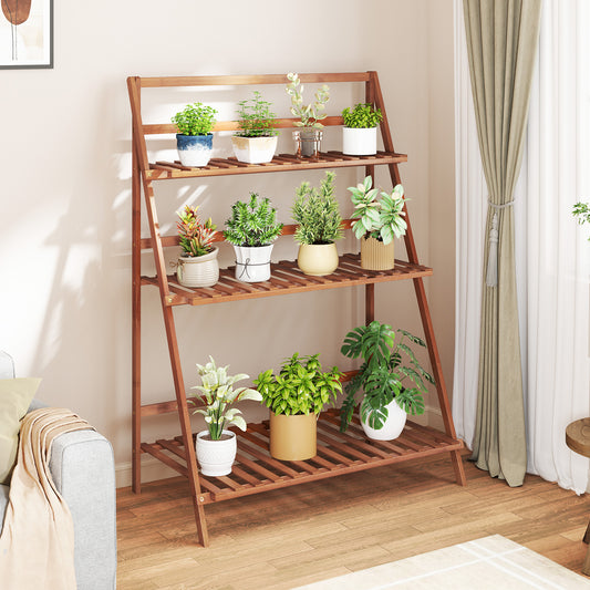 3-Tier Bamboo Ladder Shelf Foldable Plant Flower Bookshelf, Brown Plant Stands Brown at Gallery Canada
