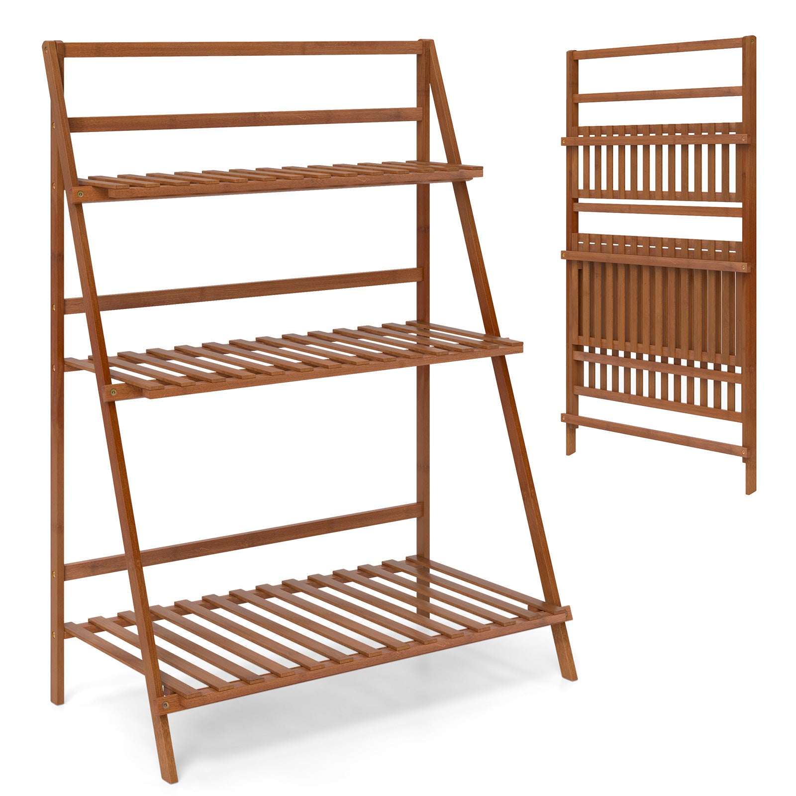 3-Tier Bamboo Ladder Shelf Foldable Plant Flower Bookshelf, Brown Plant Stands Brown at Gallery Canada