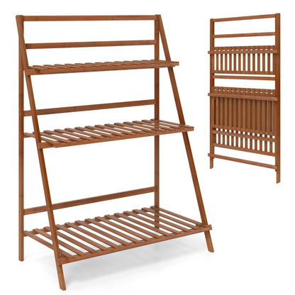 3-Tier Bamboo Ladder Shelf Foldable Plant Flower Bookshelf, Brown Plant Stands Brown at Gallery Canada