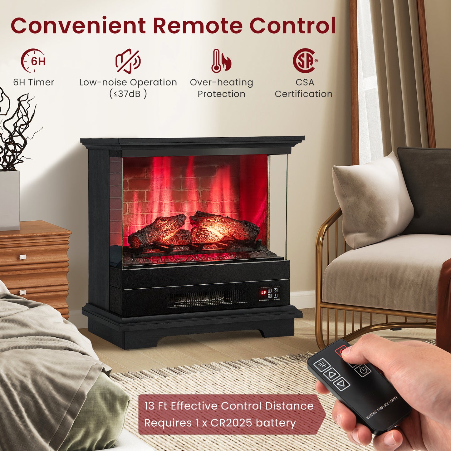 27 Inch Freestanding Fireplace, Remote Control, Black Fireplaces at Gallery Canada