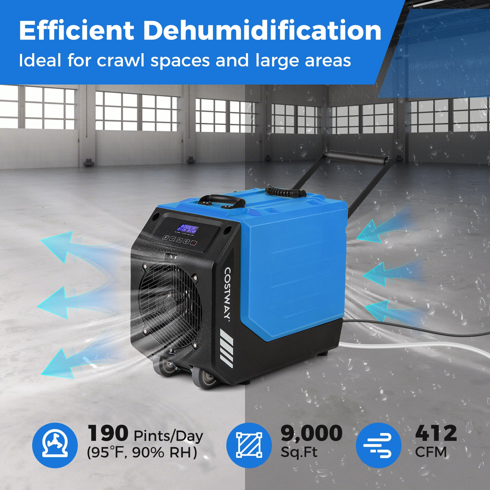 190 PPD Commercial Dehumidifier with Pump and 2 Wheels, Blue Dehumidifiers at Gallery Canada