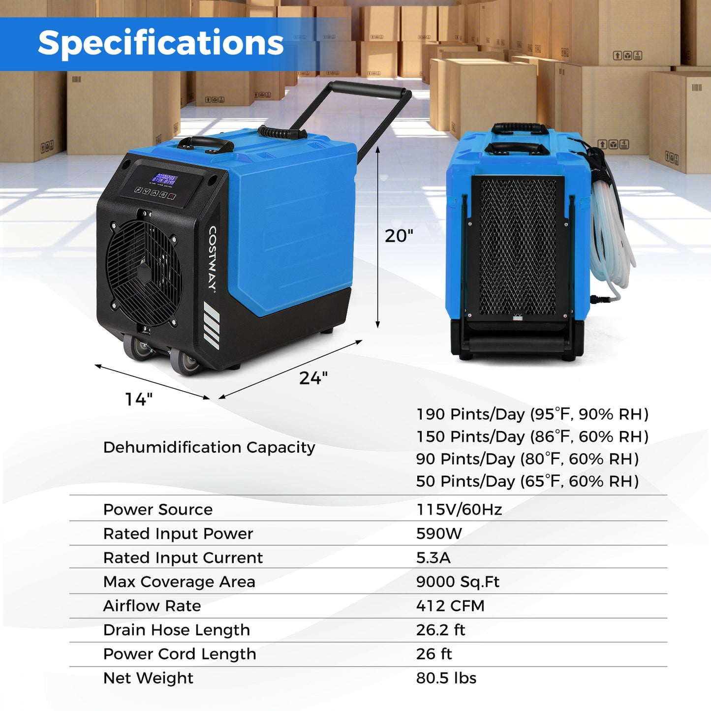190 PPD Commercial Dehumidifier with Pump and 2 Wheels, Blue Dehumidifiers at Gallery Canada
