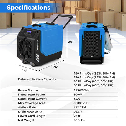 190 PPD Commercial Dehumidifier with Pump and 2 Wheels, Blue Dehumidifiers at Gallery Canada