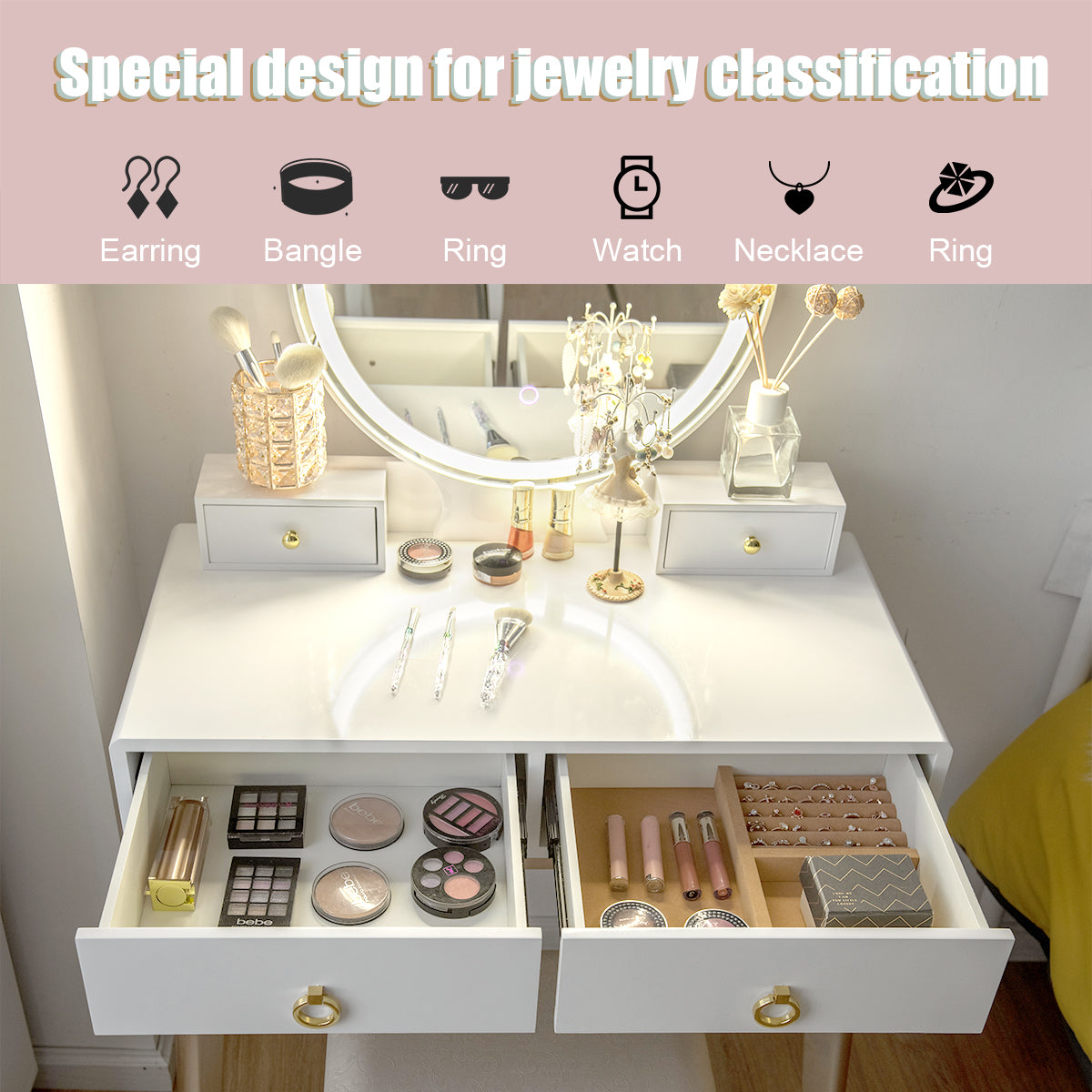 Set 3 Makeup Vanity Table Color Lighting Jewelry Divider Dressing Table, White Makeup Vanities at Gallery Canada