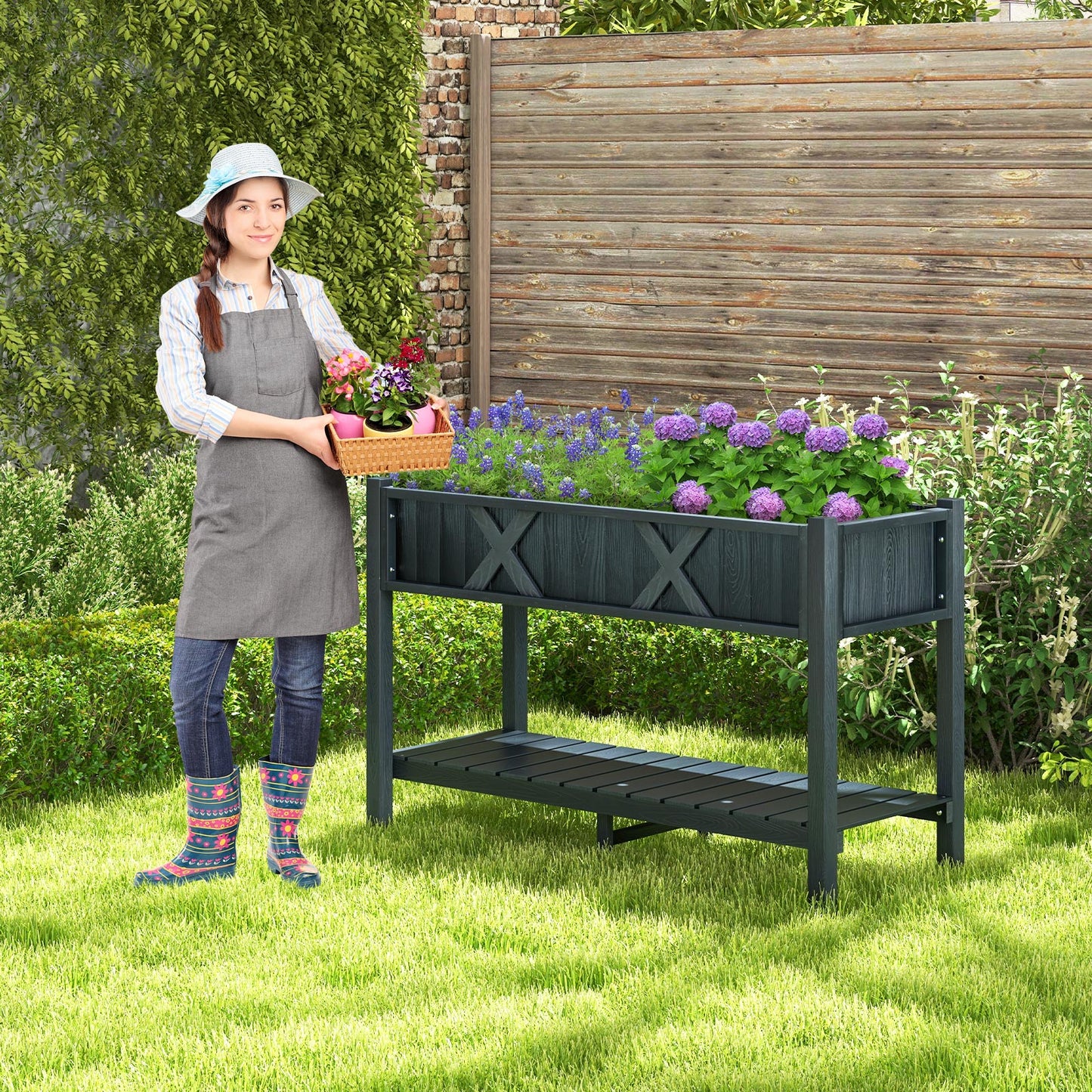 Poly Wood Elevated Planter Box with Legs Storage Shelf Drainage Holes, Black Raised Garden Beds at Gallery Canada