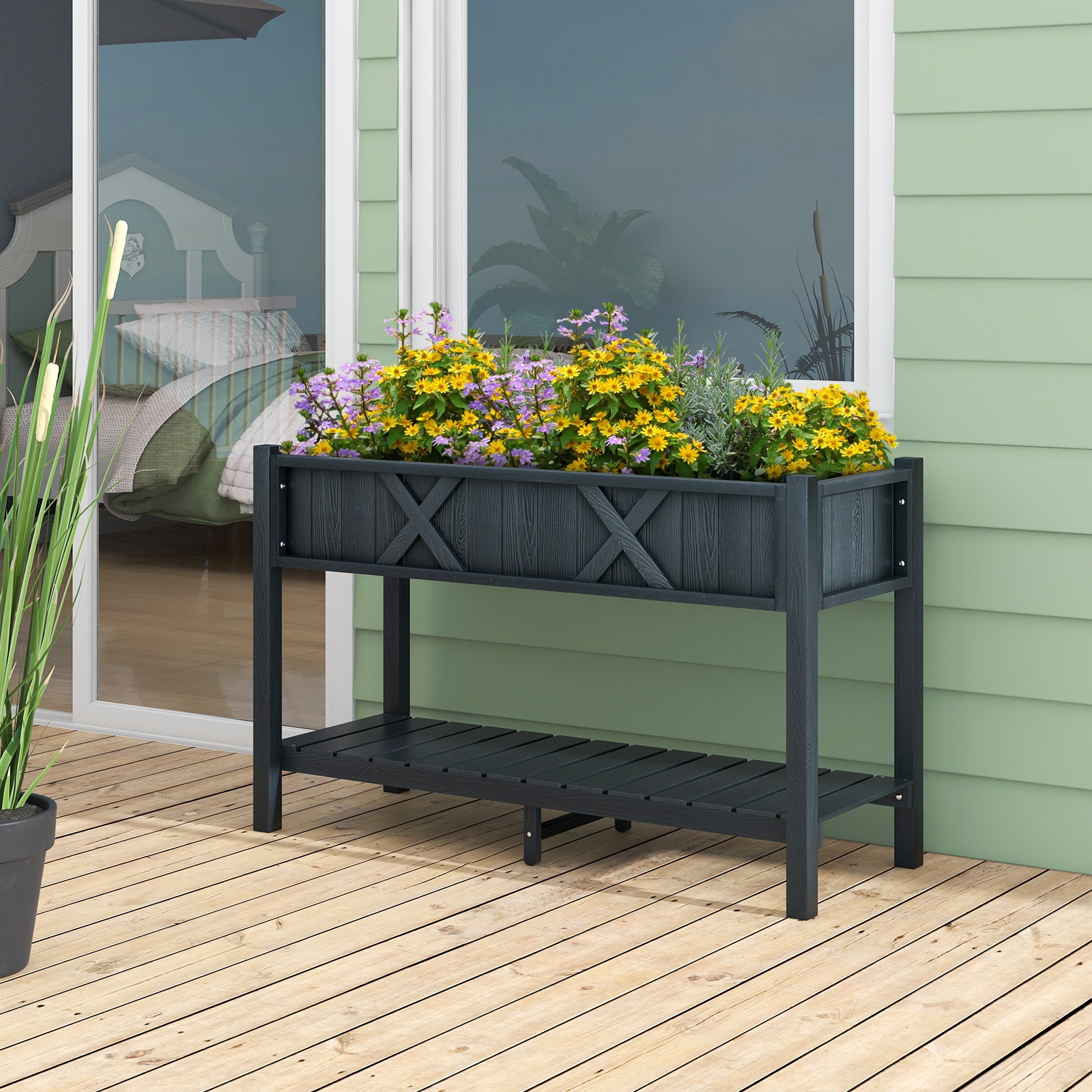 Poly Wood Elevated Planter Box with Legs Storage Shelf Drainage Holes, Black Raised Garden Beds at Gallery Canada