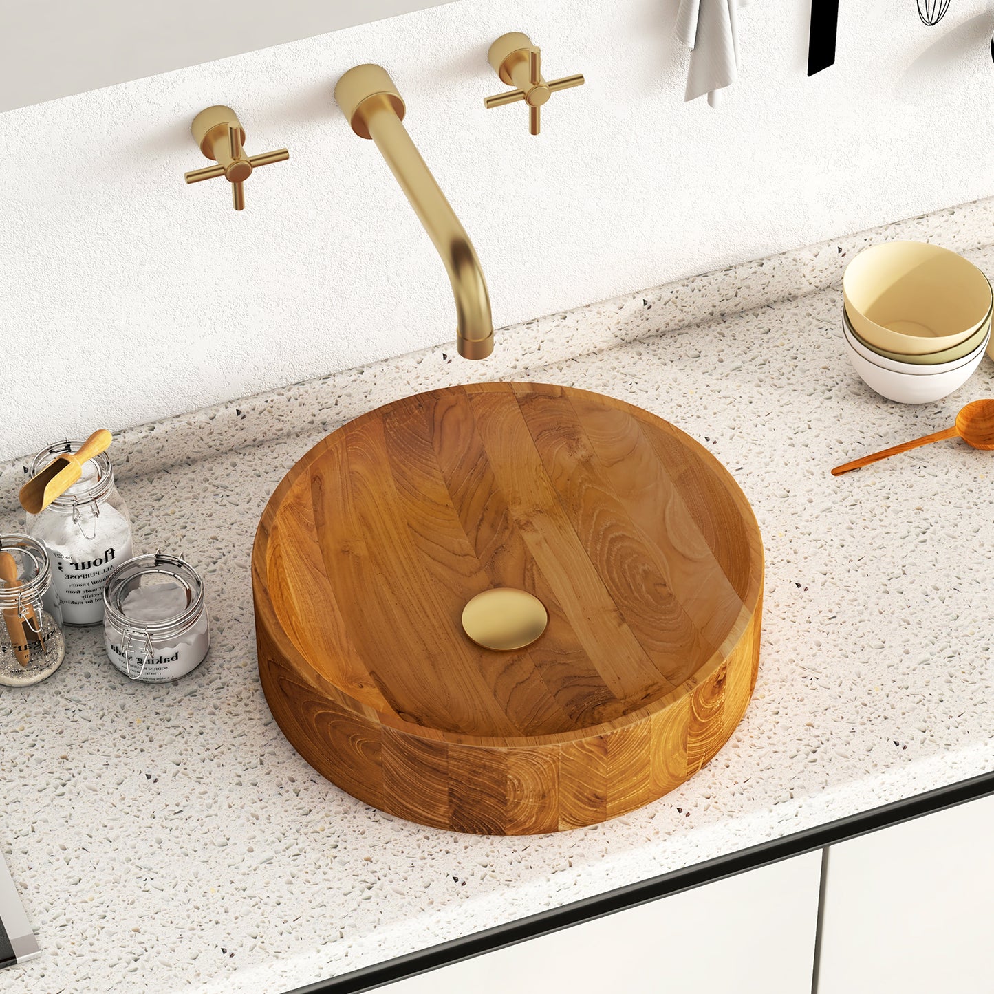 16 Inch Teak Wood Washbasin with Smooth Finish and Rounded Corners, Natural Bathroom Sinks at Gallery Canada