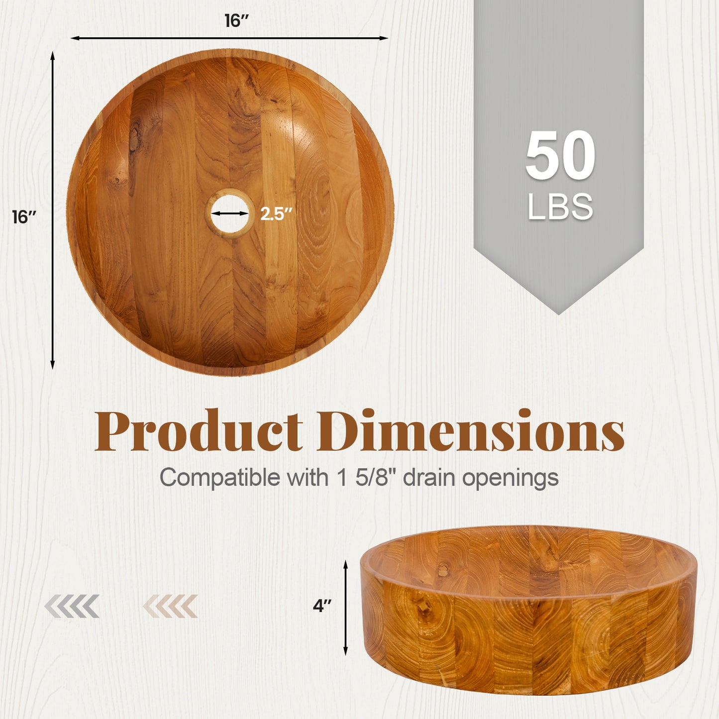 16 Inch Teak Wood Washbasin with Smooth Finish and Rounded Corners, Natural Bathroom Sinks at Gallery Canada