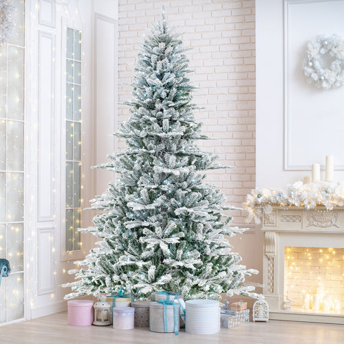 8 Feet Snow Flocked Artificial Christmas Tree with Cool White LED Lights, Green