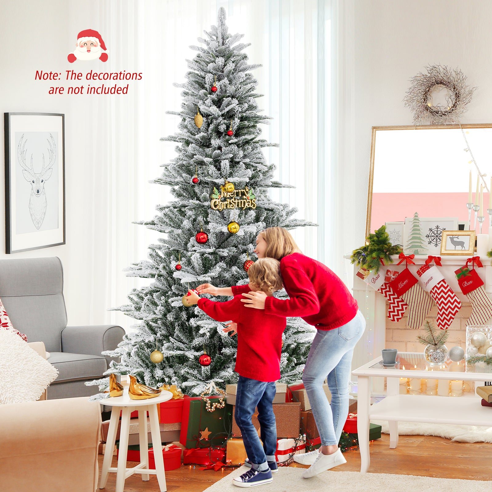 8 Feet Snow Flocked Artificial Christmas Tree with Cool White LED Lights, Green Christmas Tree at Gallery Canada