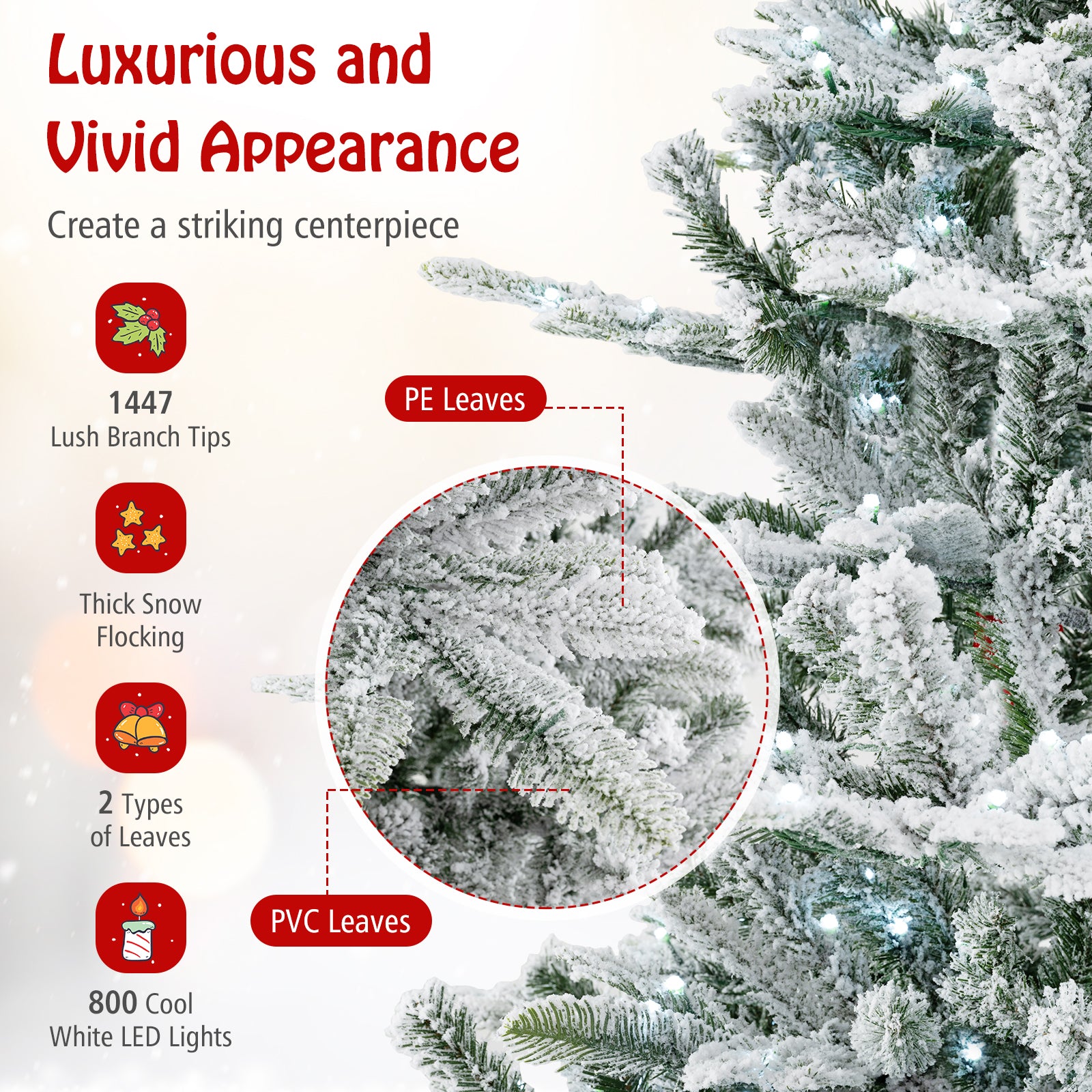 8 Feet Snow Flocked Artificial Christmas Tree with Cool White LED Lights, Green Christmas Tree at Gallery Canada