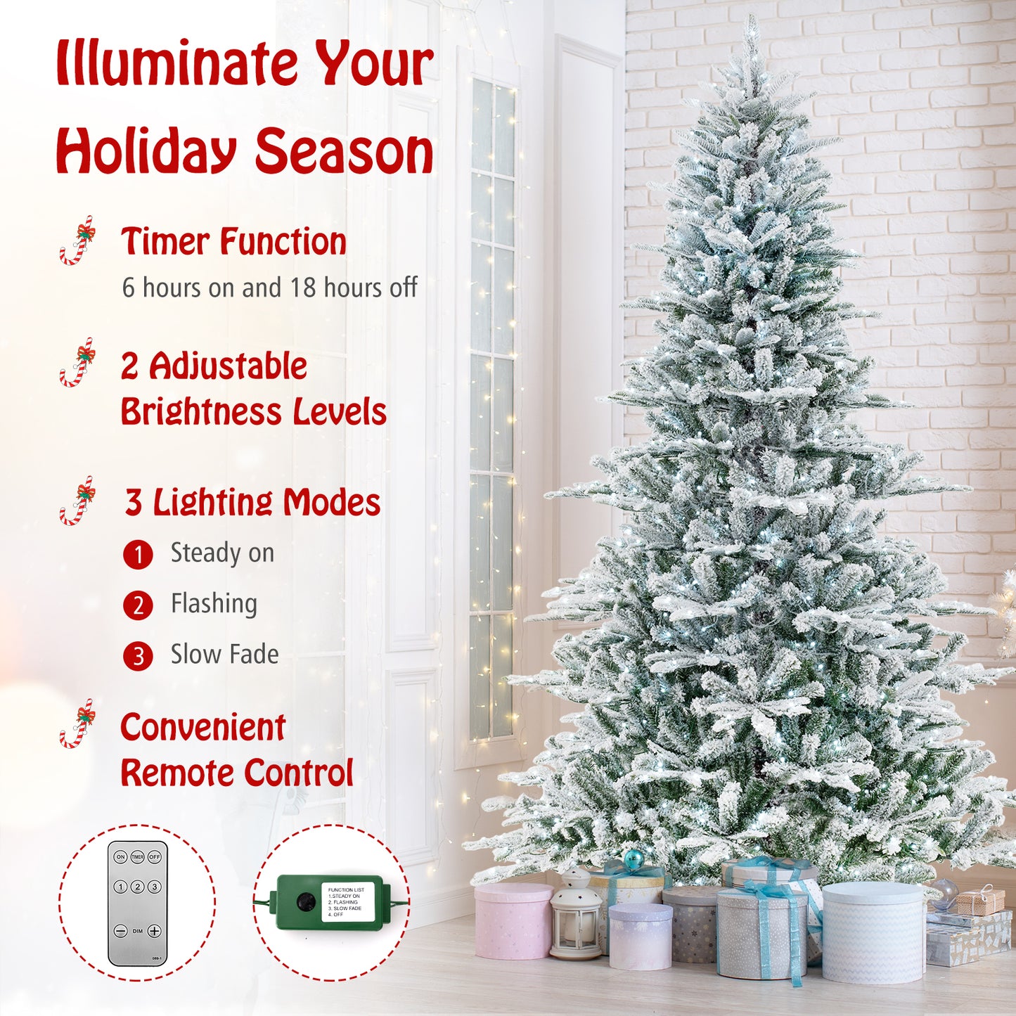 8 Feet Snow Flocked Artificial Christmas Tree with Cool White LED Lights, Green Christmas Tree at Gallery Canada