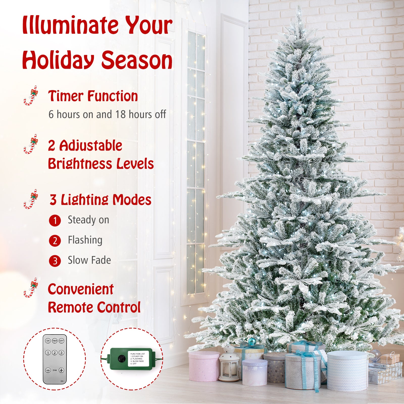 8 Feet Snow Flocked Artificial Christmas Tree with Cool White LED Lights, Green Christmas Tree at Gallery Canada