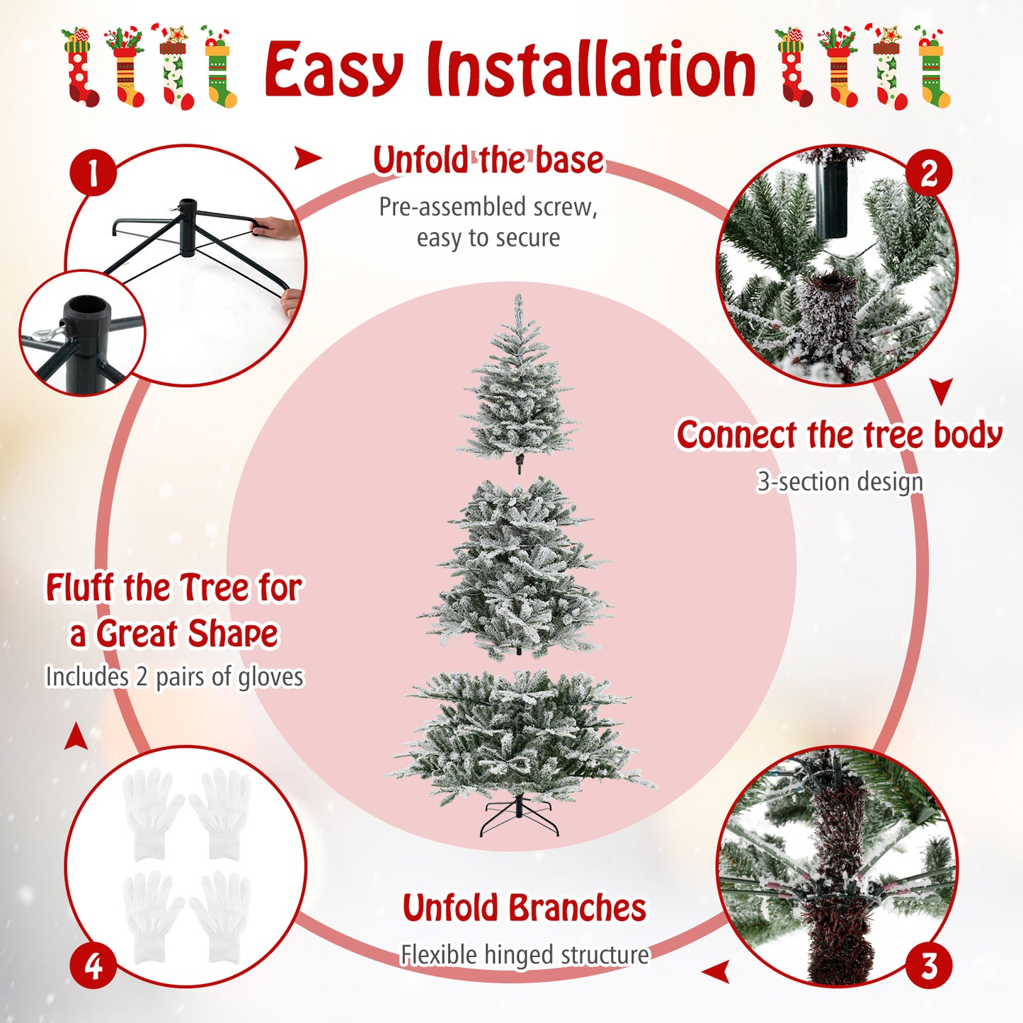 8 Feet Snow Flocked Artificial Christmas Tree with Cool White LED Lights, Green Christmas Tree at Gallery Canada