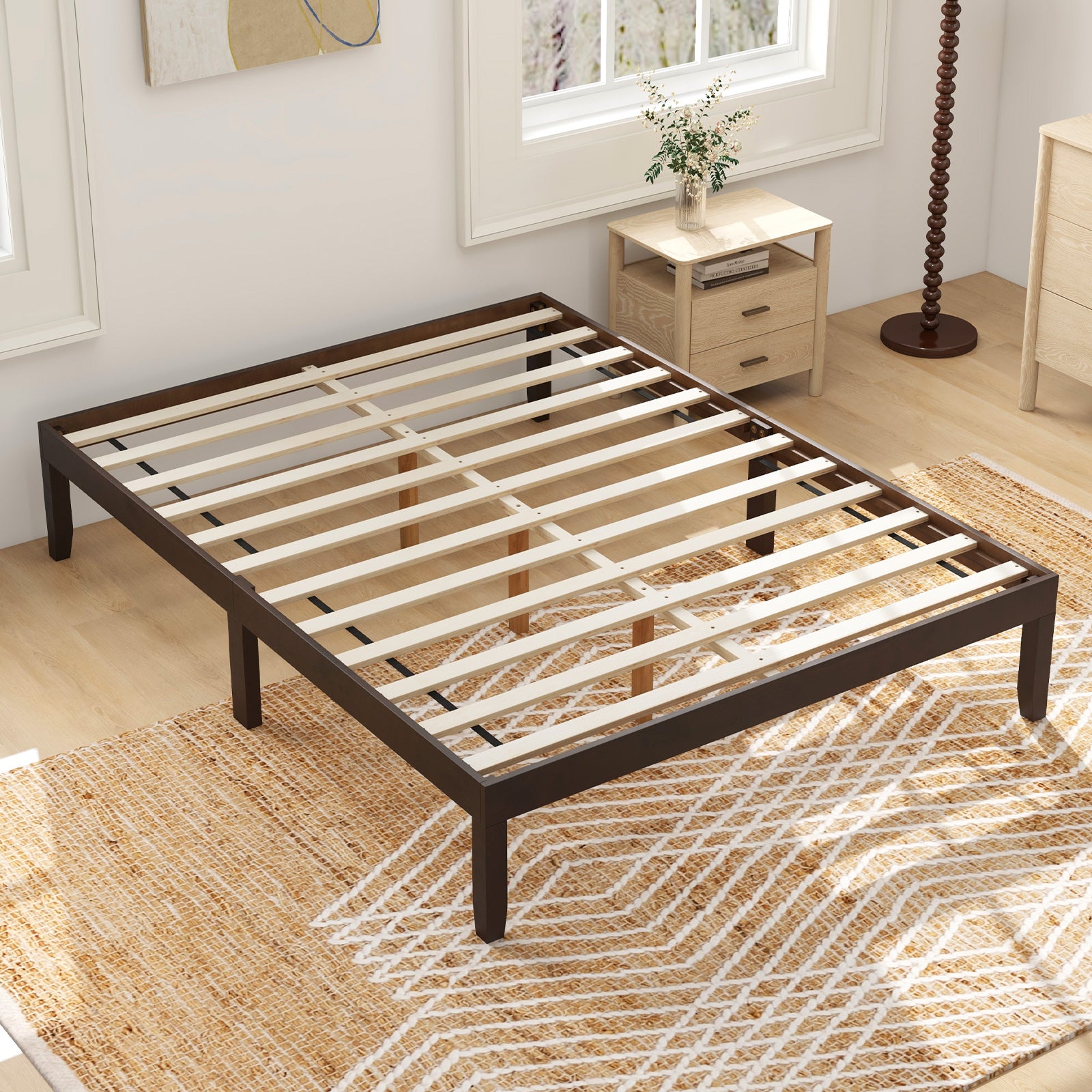 Full Wood Bed Frame with Wooden Slats Support and Rubber Wood Legs, Espresso Simple Bed Frame at Gallery Canada