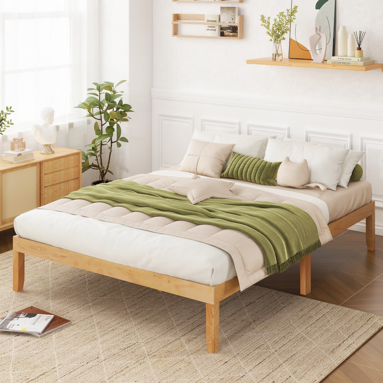 Queen Size Wood Bed Frame with Wooden Slats Support and Rubber Wood Legs, Natural Simple Bed Frame at Gallery Canada