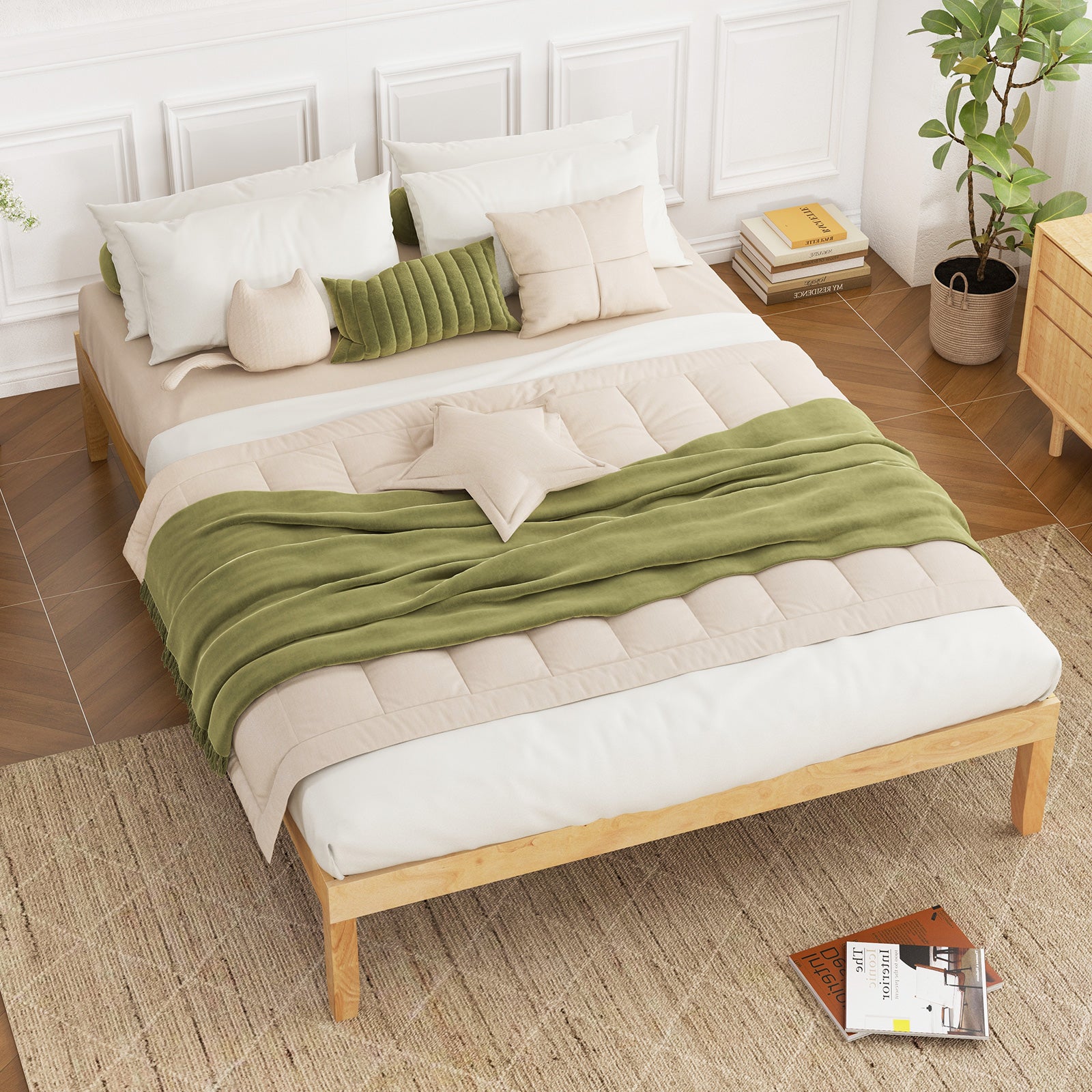 Queen Size Wood Bed Frame with Wooden Slats Support and Rubber Wood Legs, Natural Simple Bed Frame at Gallery Canada