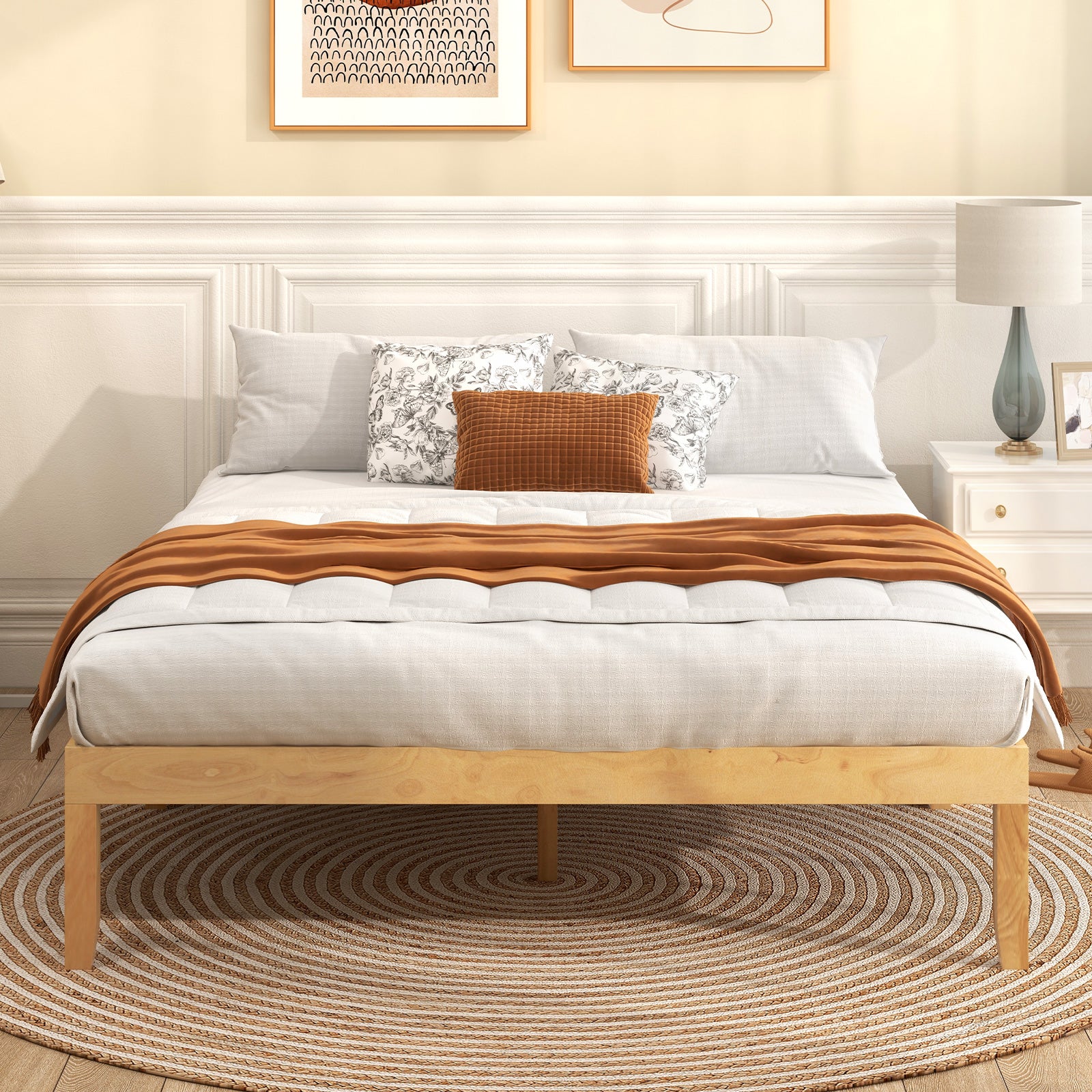Queen Size Wood Bed Frame with Wooden Slats Support and Rubber Wood Legs, Natural Simple Bed Frame at Gallery Canada