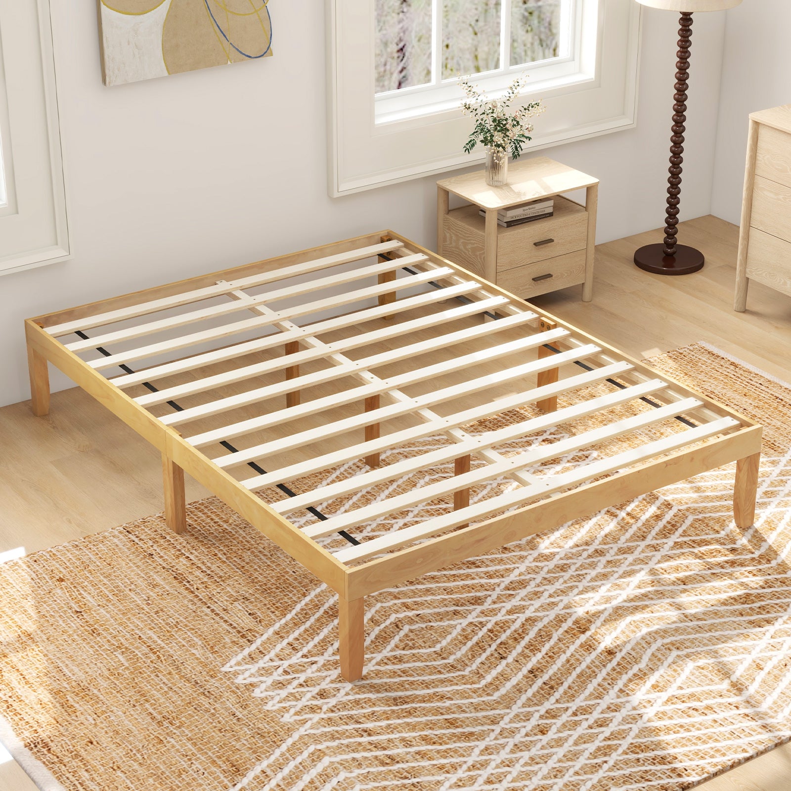 Queen Size Wood Bed Frame with Wooden Slats Support and Rubber Wood Legs, Natural Simple Bed Frame at Gallery Canada