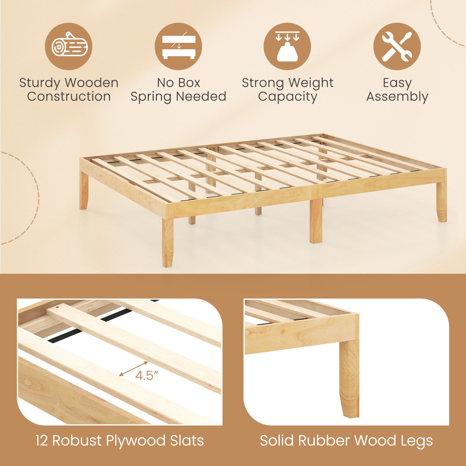 Queen Size Wood Bed Frame with Wooden Slats Support and Rubber Wood Legs, Natural Simple Bed Frame at Gallery Canada