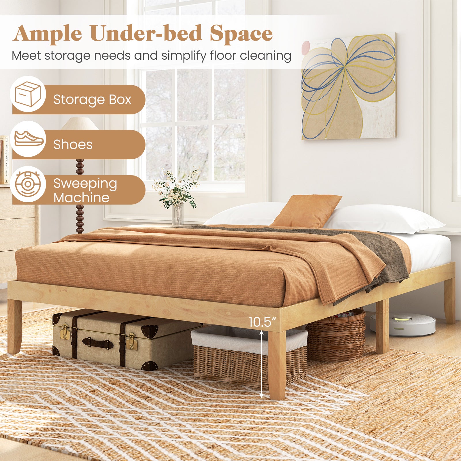 Queen Size Wood Bed Frame with Wooden Slats Support and Rubber Wood Legs, Natural Simple Bed Frame at Gallery Canada