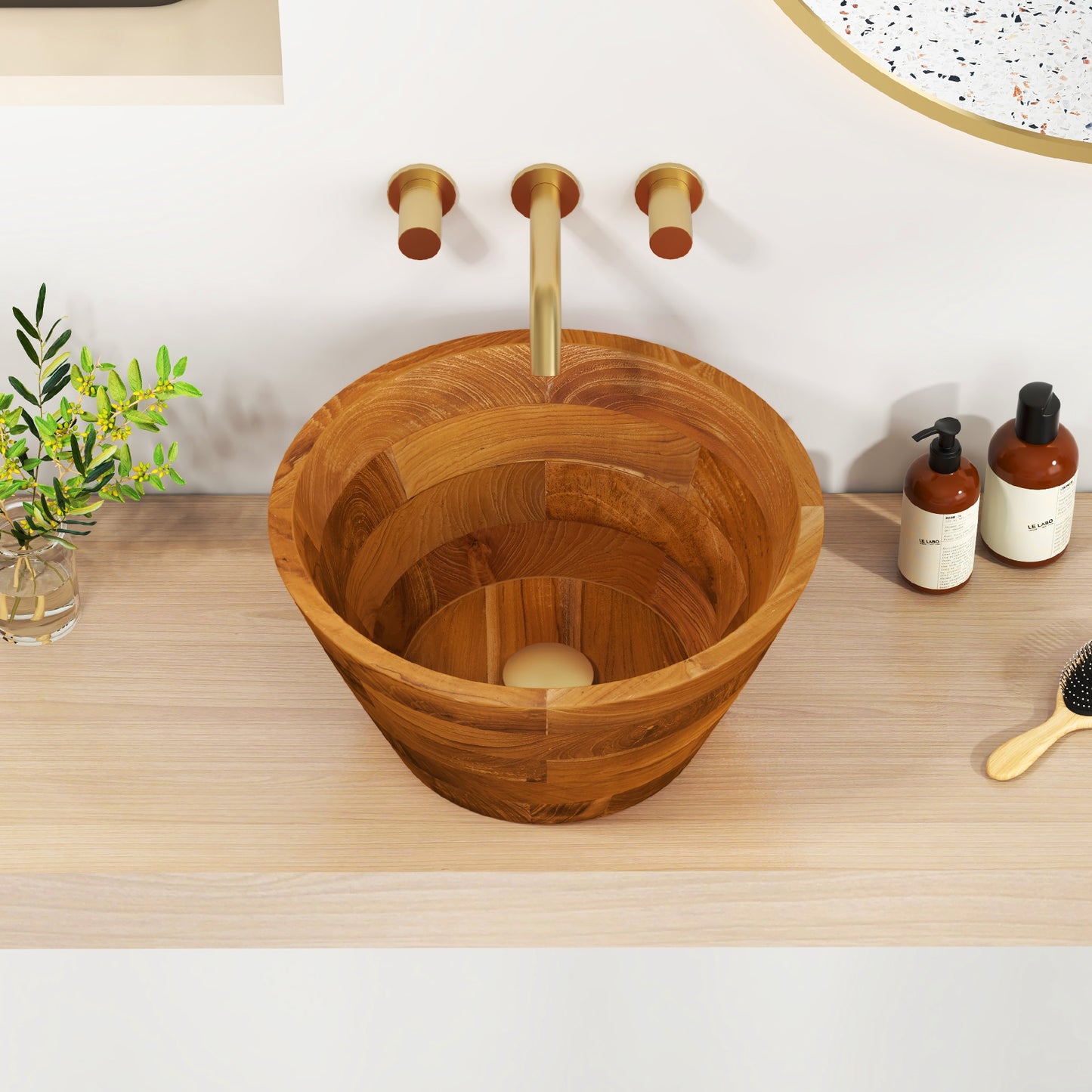 16 Inch Teak Wood Washbasin with Drainage Hole and Smooth Finish, Natural Bathroom Sinks at Gallery Canada