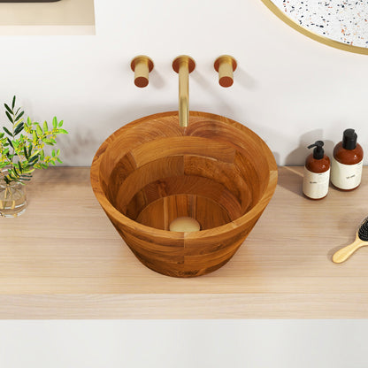 16 Inch Teak Wood Washbasin with Drainage Hole and Smooth Finish, Natural Bathroom Sinks at Gallery Canada