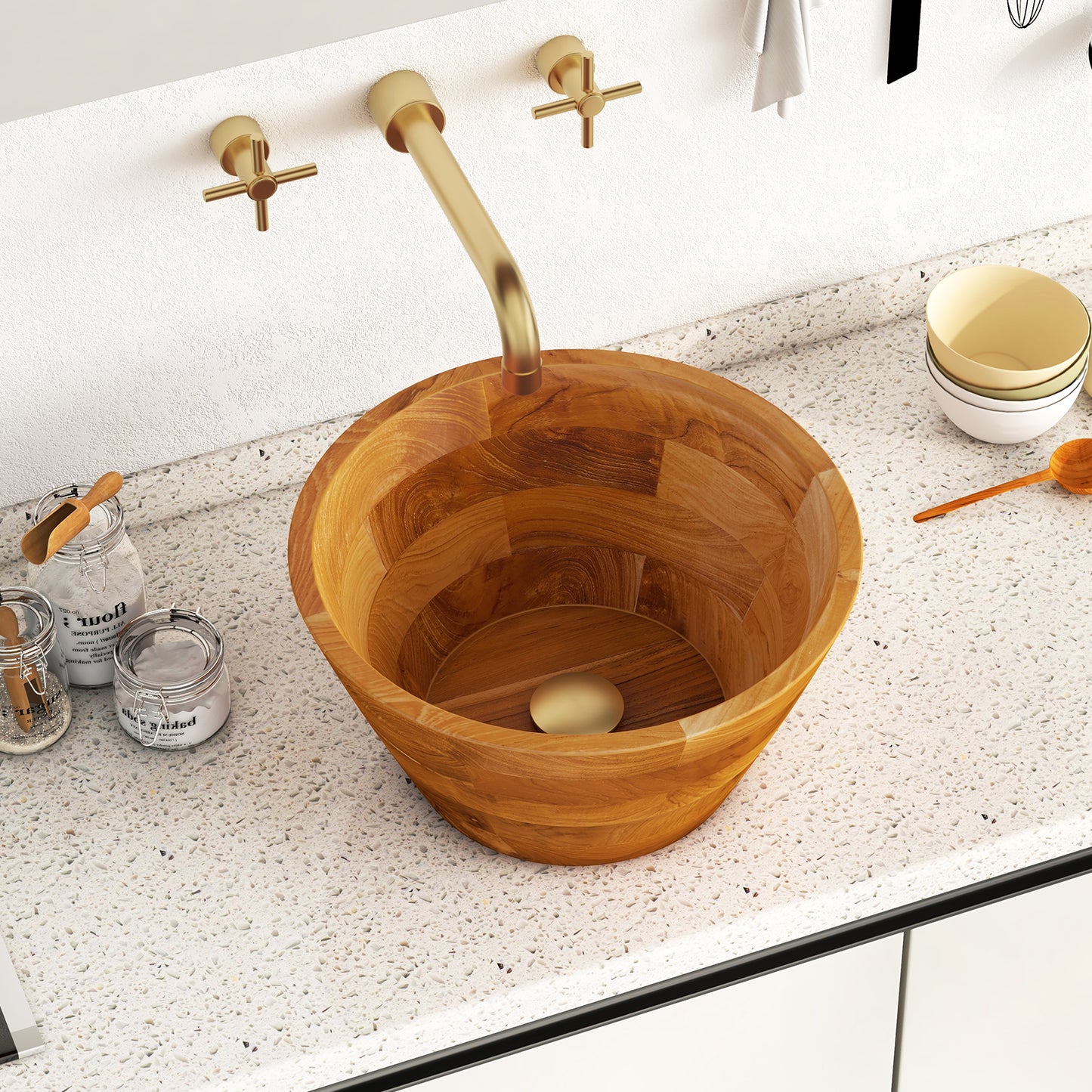16 Inch Teak Wood Washbasin with Drainage Hole and Smooth Finish, Natural Bathroom Sinks at Gallery Canada
