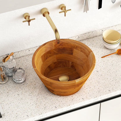 16 Inch Teak Wood Washbasin with Drainage Hole and Smooth Finish, Natural Bathroom Sinks at Gallery Canada