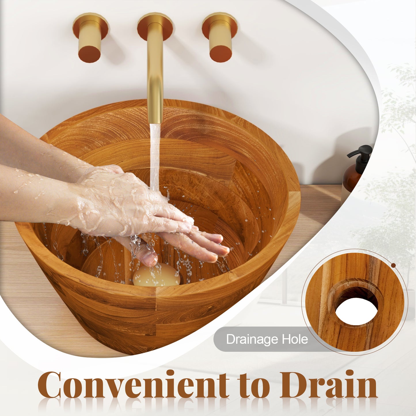 16 Inch Teak Wood Washbasin with Drainage Hole and Smooth Finish, Natural Bathroom Sinks at Gallery Canada