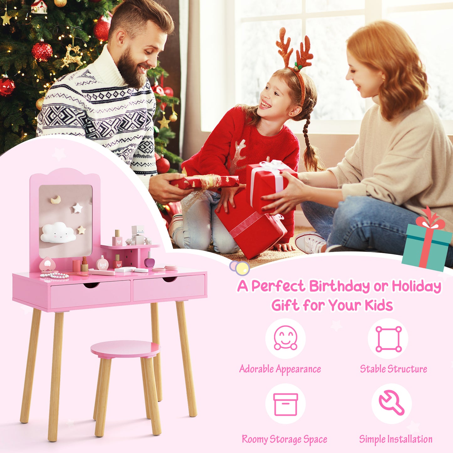 Kid Vanity Table Chair Set with Mirror and 2 Large Storage Drawers, Pink Kids Vanities at Gallery Canada